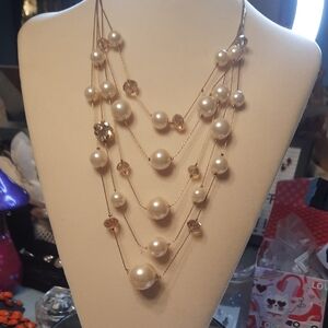 Layered Pearl and Crystal Necklace in Champagne Gold